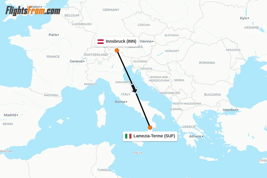 Flights from Innsbruck to Lamezia-Terme route map