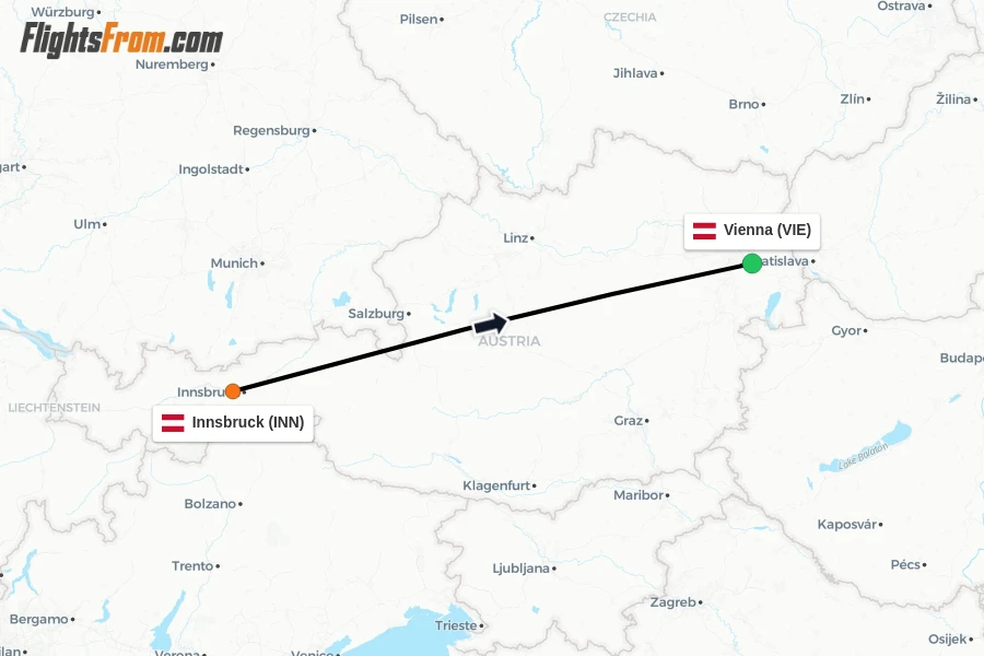 Flights from Innsbruck to Vienna route map