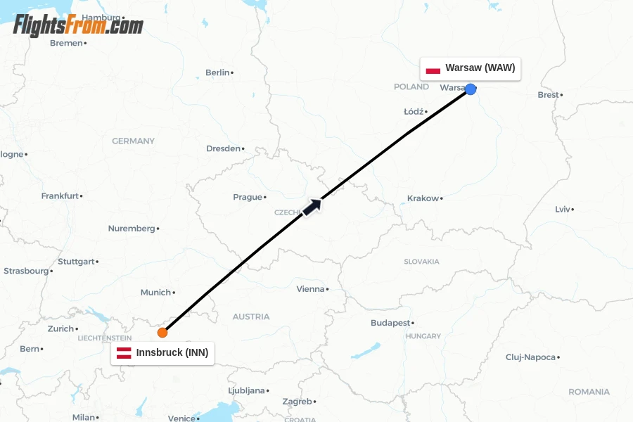 Flights from Innsbruck to Warsaw route map