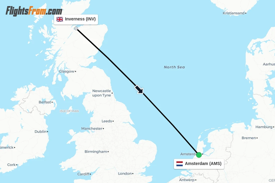 Flights from Inverness to Amsterdam route map
