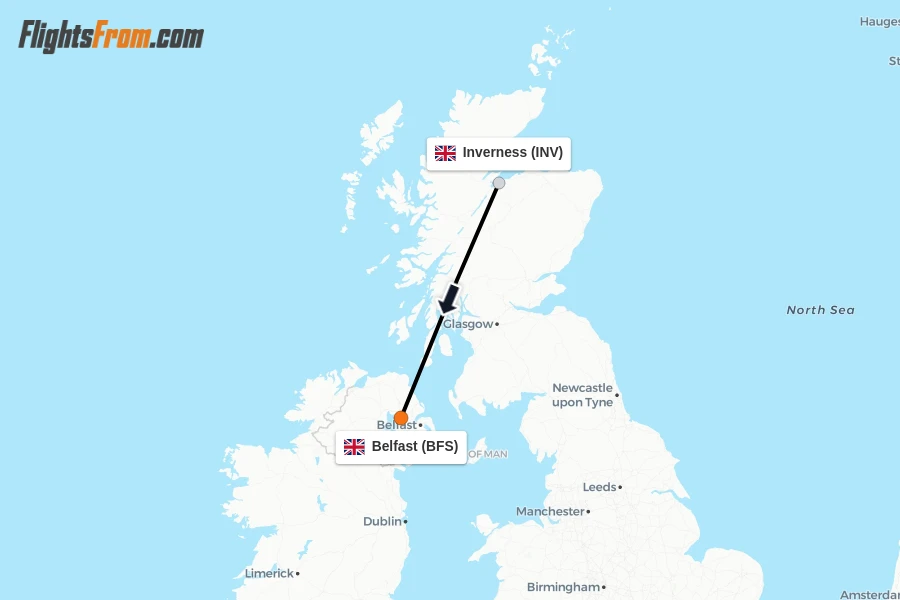 Flights from Inverness to Belfast route map