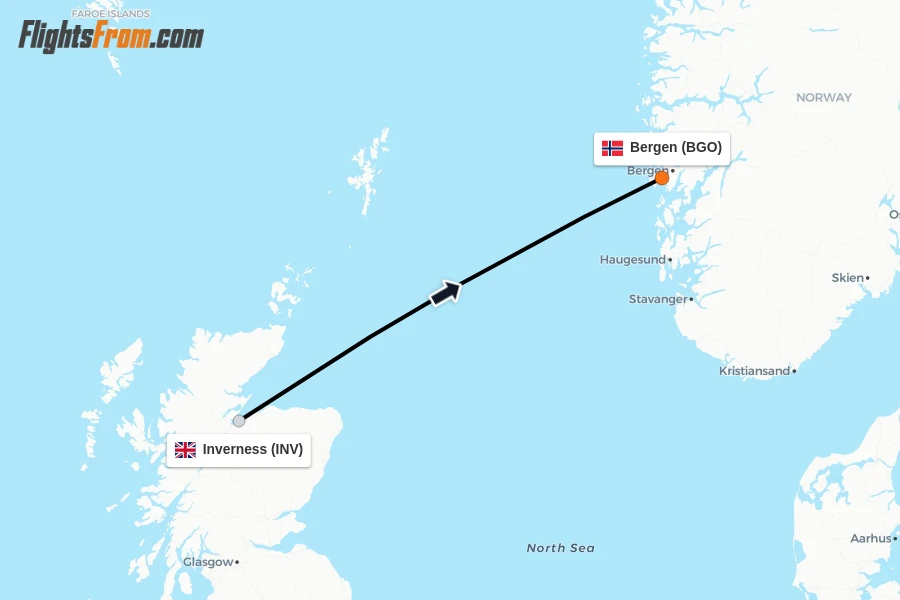 Flights from Inverness to Bergen route map