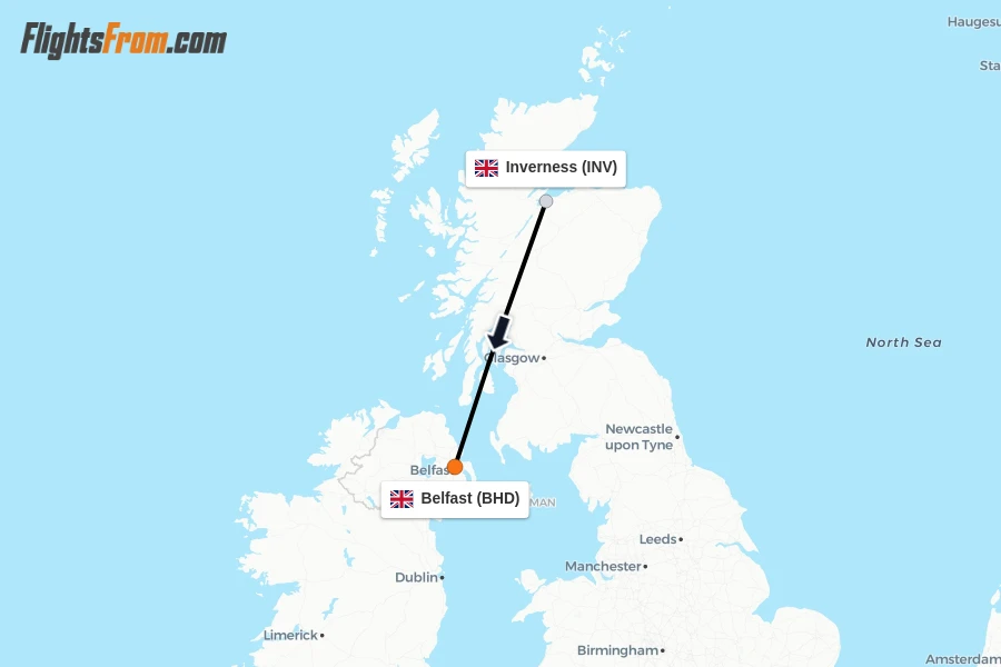 Flights from Inverness to Belfast route map