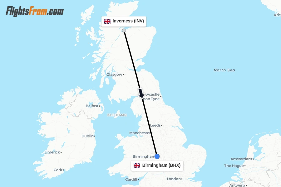 Flights from Inverness to Birmingham route map