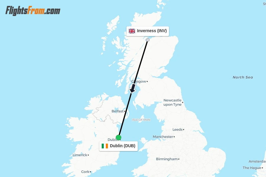 Flights from Inverness to Dublin route map
