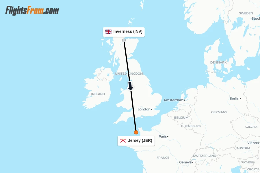 Flights from Inverness to Jersey route map