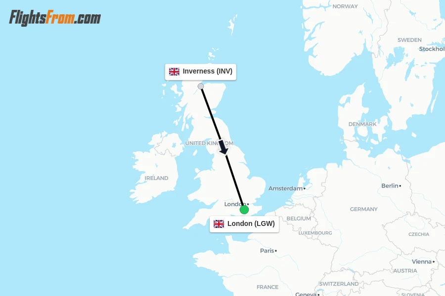 Flights from Inverness to London route map
