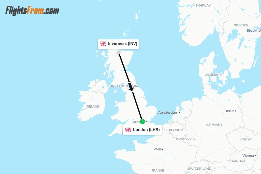 Flights from Inverness to London route map