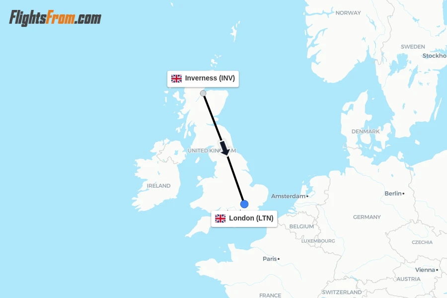 Flights from Inverness to London route map