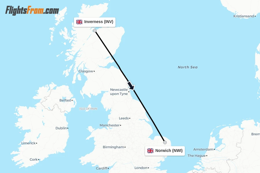 Flights from Inverness to Norwich route map