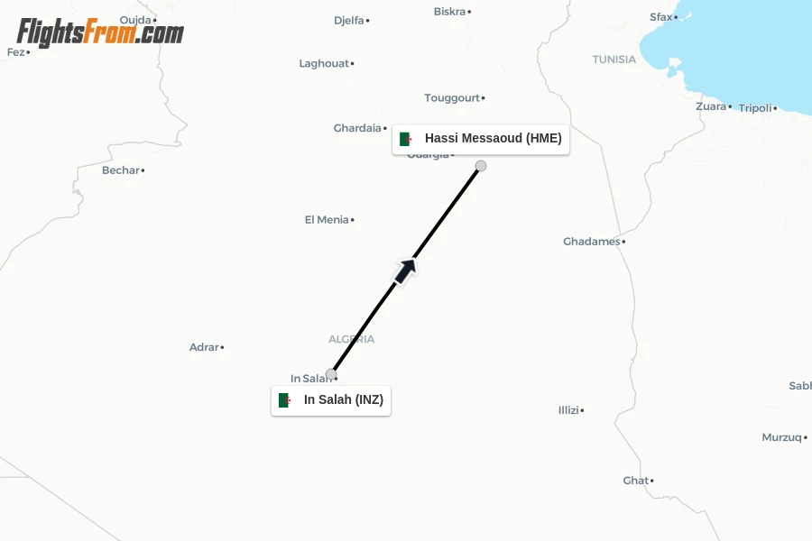 Flights from In Salah to Hassi Messaoud route map