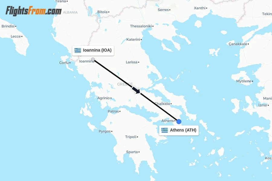 Flights from Ioannina to Athens route map