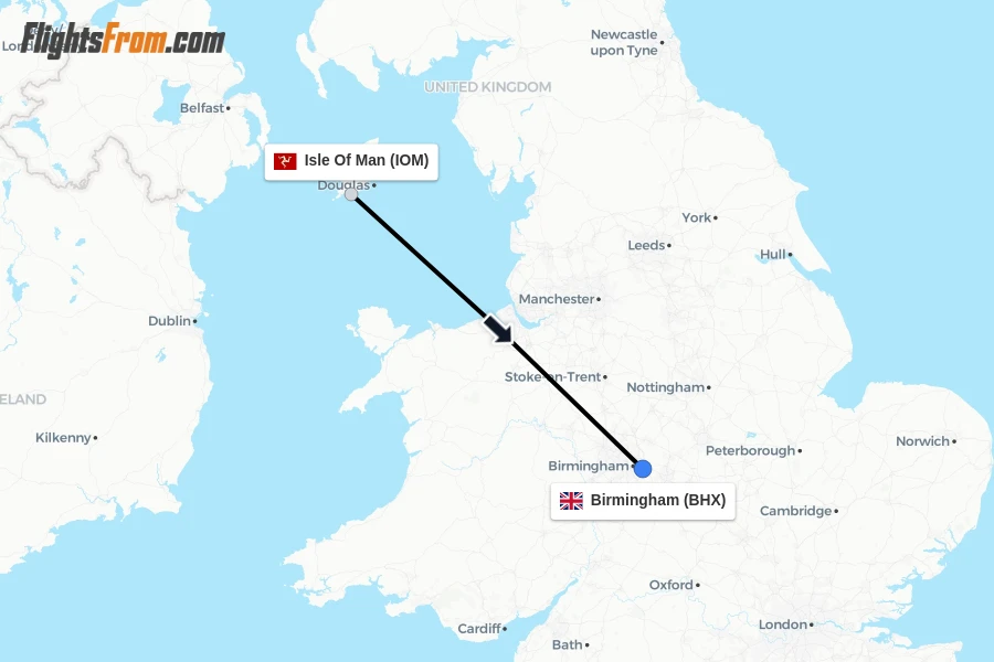 Flights from Isle Of Man to Birmingham route map