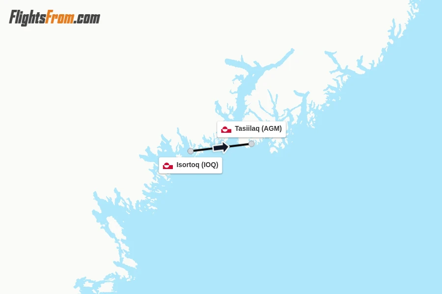Flights from Isortoq to Tasiilaq route map