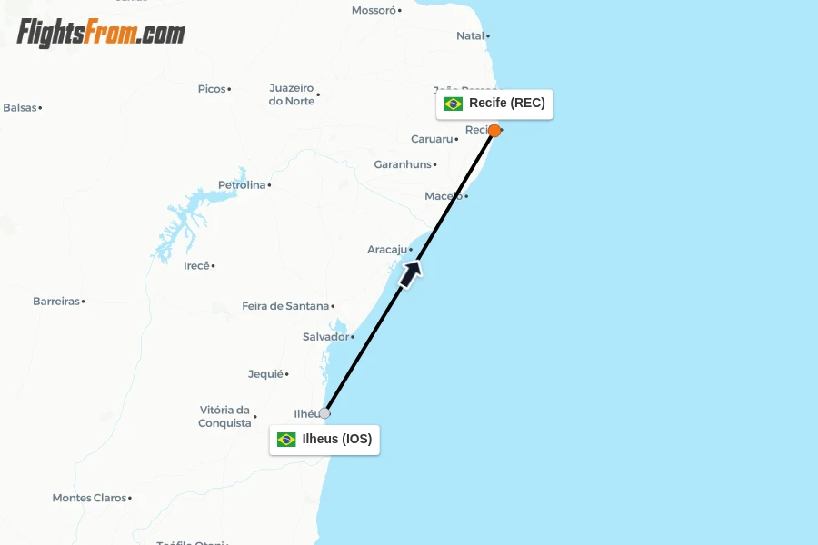Flights from Ilheus to Recife route map