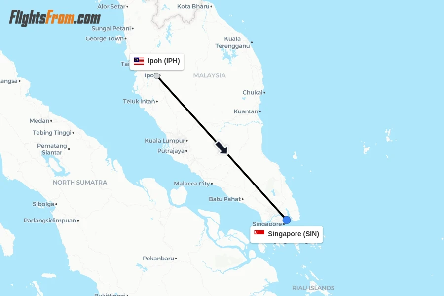 Flights from Ipoh to Singapore route map