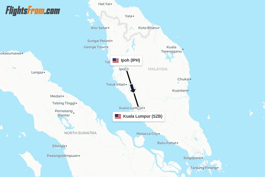 Flights from Ipoh to Kuala Lumpur route map