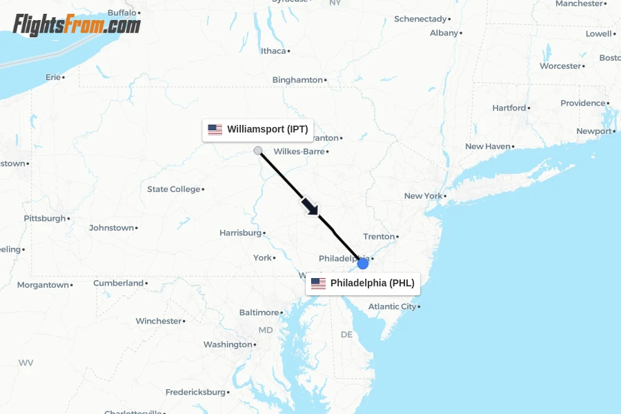 Flights from Williamsport to Philadelphia route map