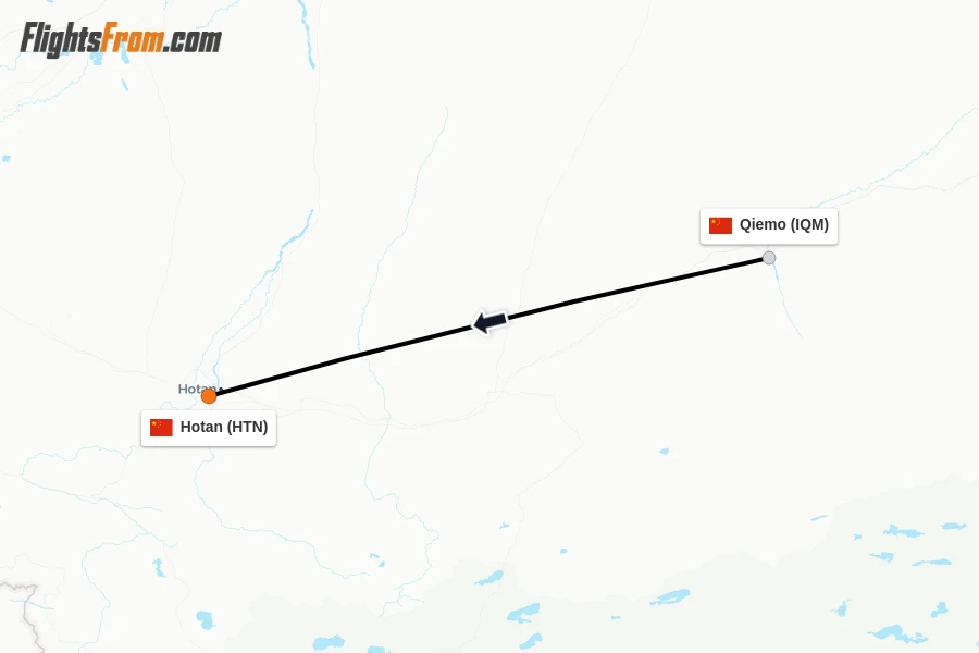 Flights from Qiemo to Hotan route map