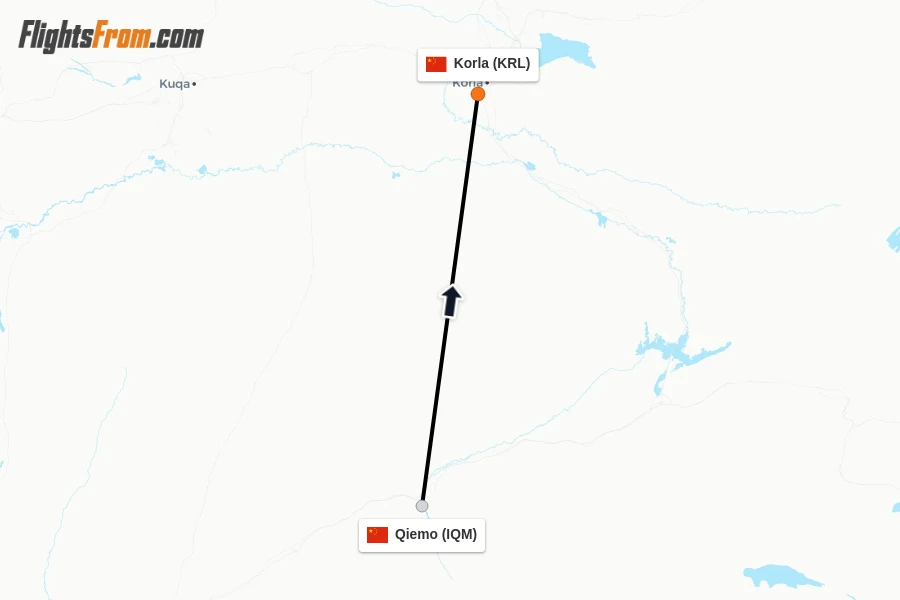Flights from Qiemo to Korla route map