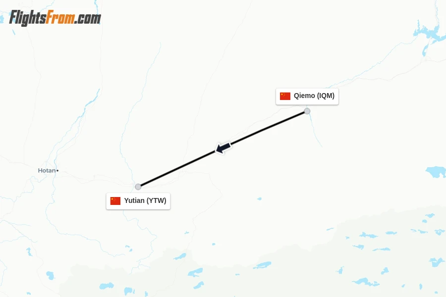 Flights from Qiemo to Yutian route map