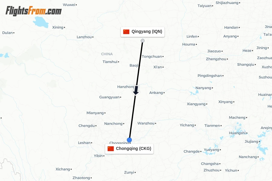 Flights from Qingyang to Chongqing route map