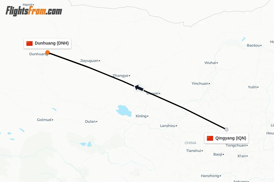 Flights from Qingyang to Dunhuang route map
