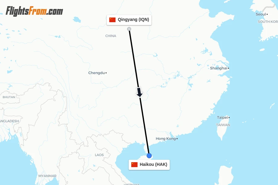 Flights from Qingyang to Haikou route map