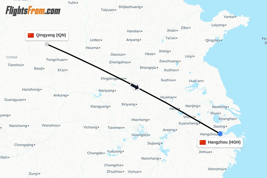 Flights from Qingyang to Hangzhou route map
