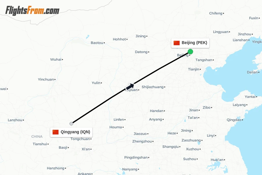 Flights from Qingyang to Beijing route map