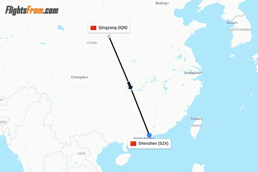 Flights from Qingyang to Shenzhen route map
