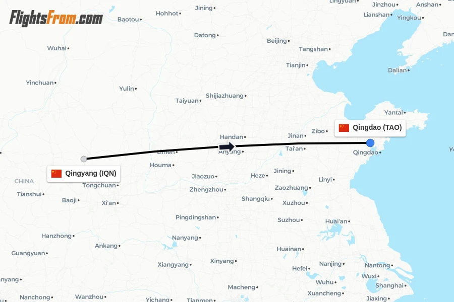 Flights from Qingyang to Qingdao route map