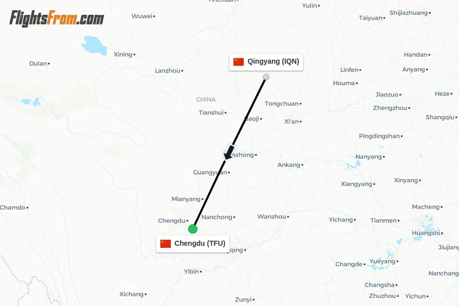 Flights from Qingyang to Chengdu route map