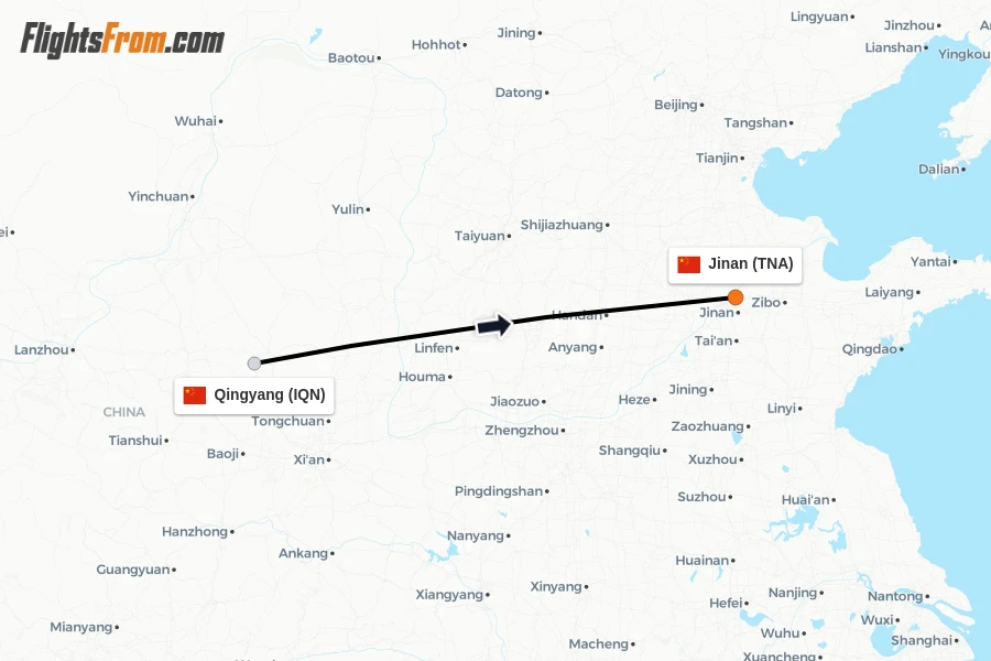 Flights from Qingyang to Jinan route map