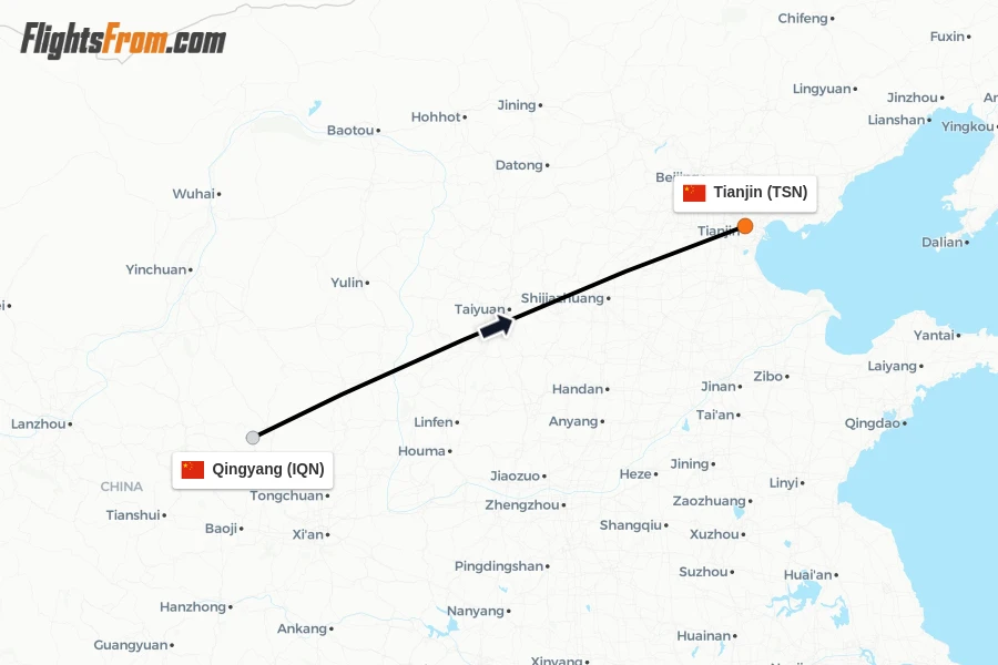 Flights from Qingyang to Tianjin route map