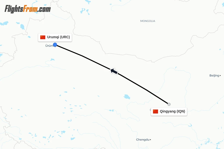 Flights from Qingyang to Urumqi route map