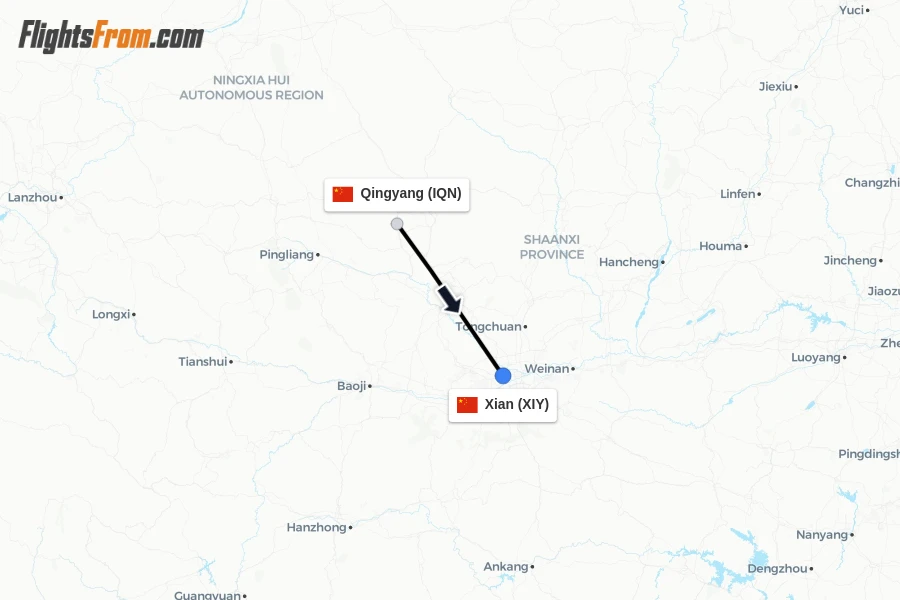 Flights from Qingyang to Xian route map