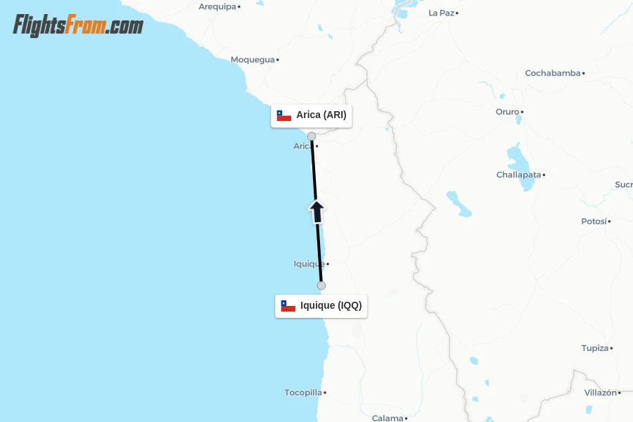 Flights from Iquique to Arica route map