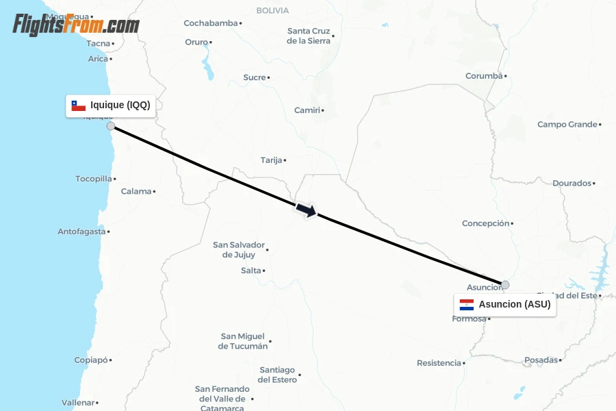 Flights from Iquique to Asuncion route map
