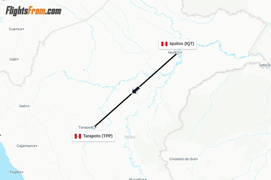 Flights from Iquitos to Tarapoto route map