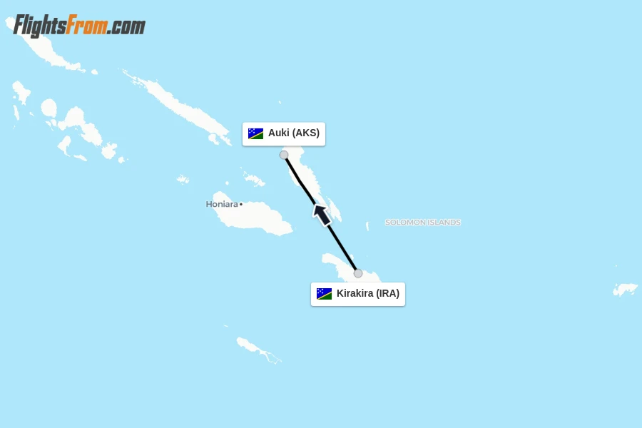 Flights from Kirakira to Auki route map