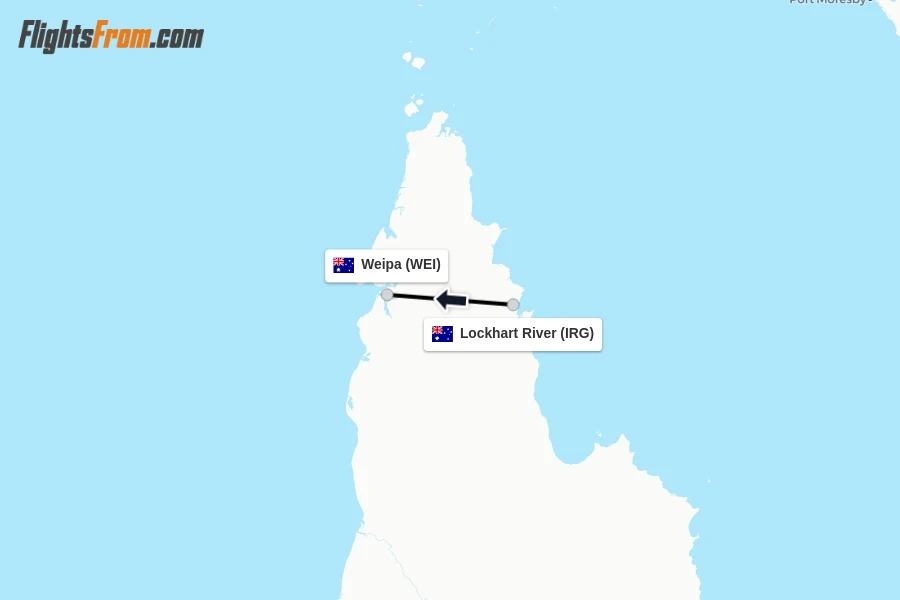 Flights from Lockhart River to Weipa route map