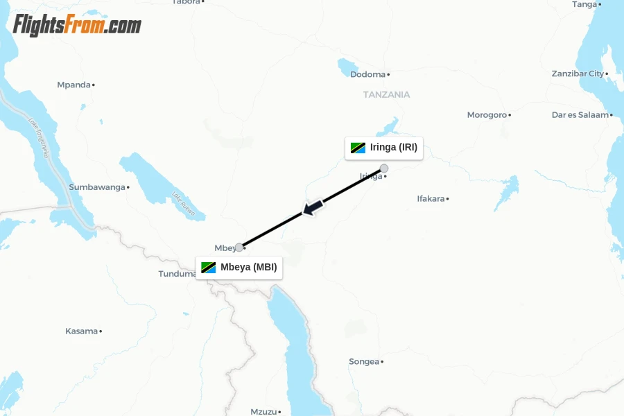 Flights from Iringa to Mbeya route map