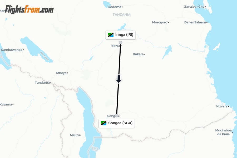 Flights from Iringa to Songea route map