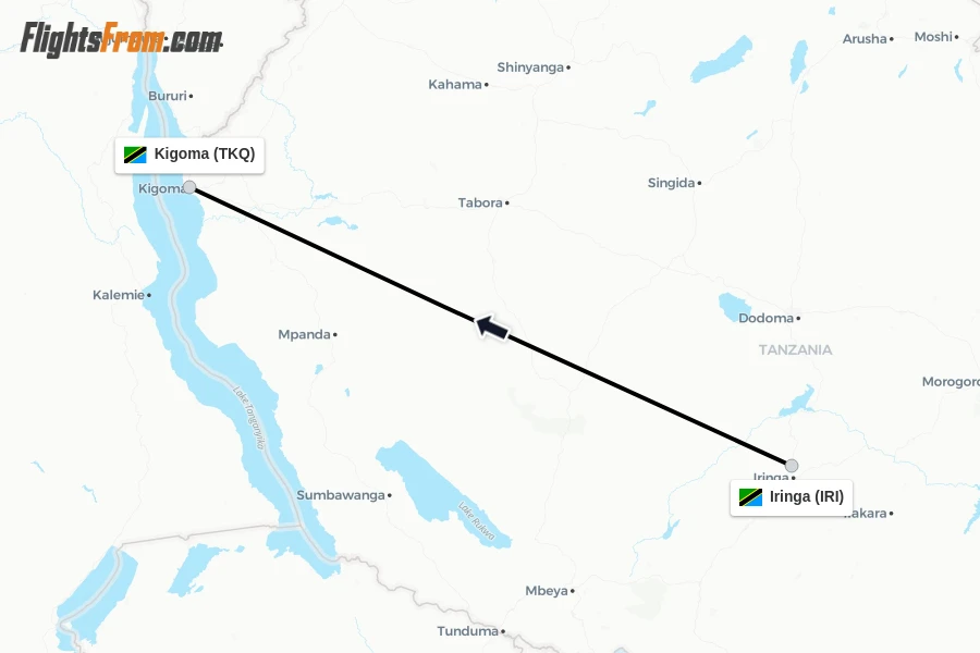 Flights from Iringa to Kigoma route map