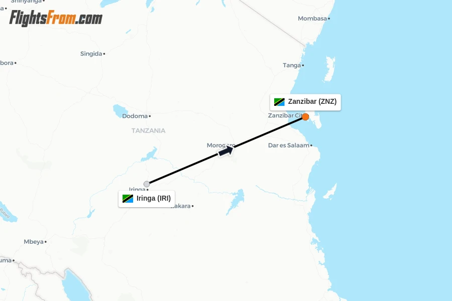 Flights from Iringa to Zanzibar route map