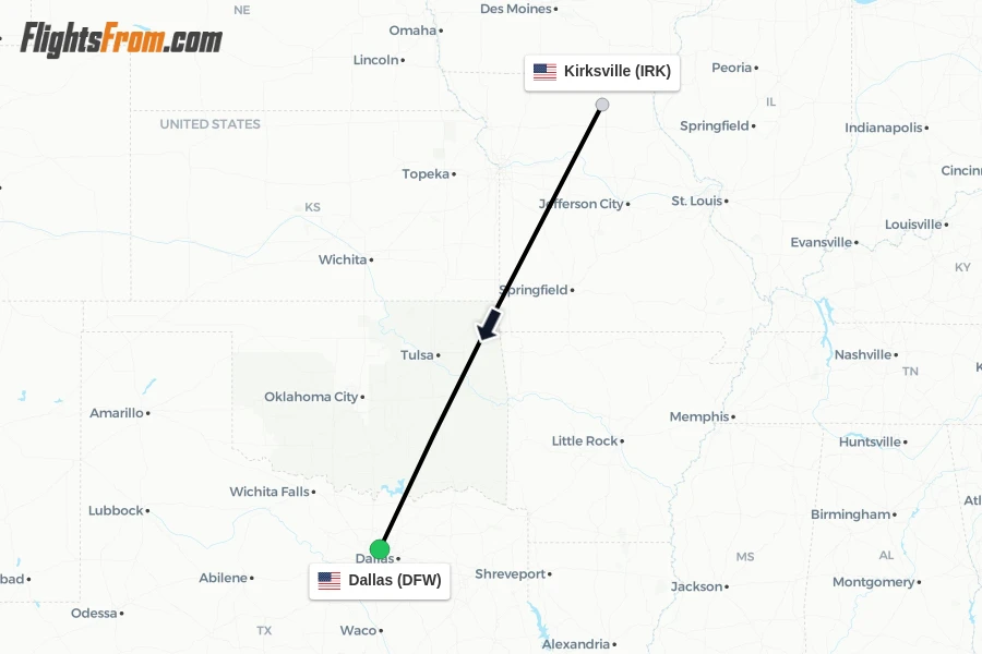 Flights from Kirksville to Dallas route map