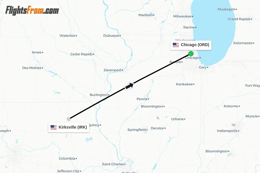 Flights from Kirksville to Chicago route map