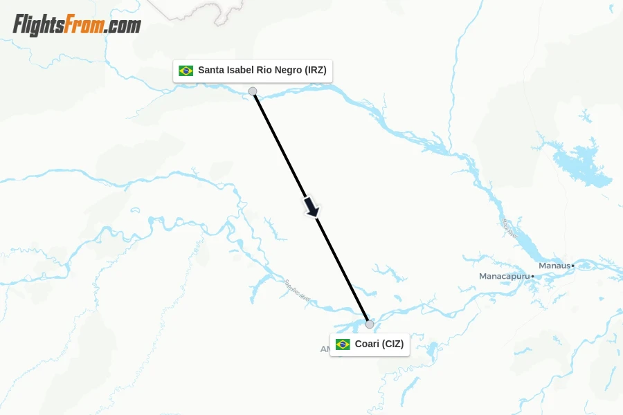 Flights from Santa Isabel Rio Negro to Coari route map