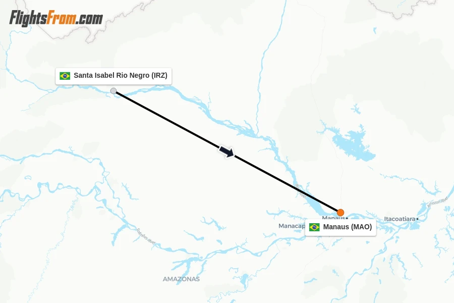 Flights from Santa Isabel Rio Negro to Manaus route map